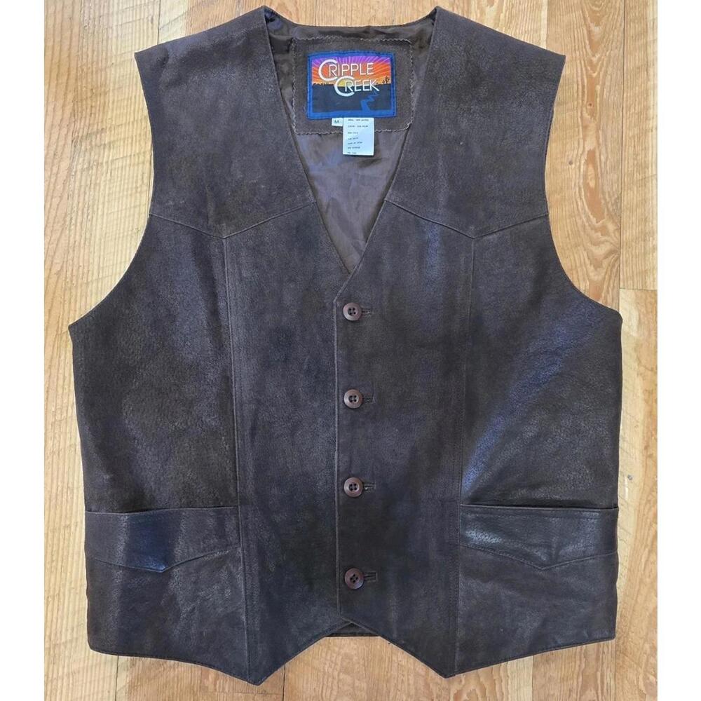 CRIPPLE CREEK - Mens Brown Leather Button Western Vest - Size Medium